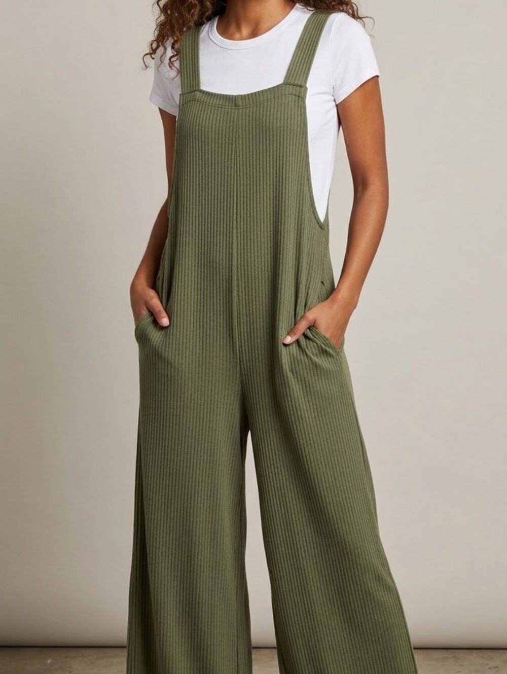 Dokotoo Olive Green Ribbed Wide Leg Casual Overalls Jumpsuit OS - NWT